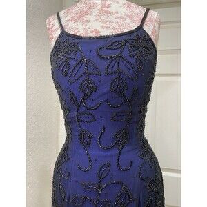 VTG Sean Collection Beaded Silk Gown Maxi Dress Sz S Floral Navy Y2K Embellished